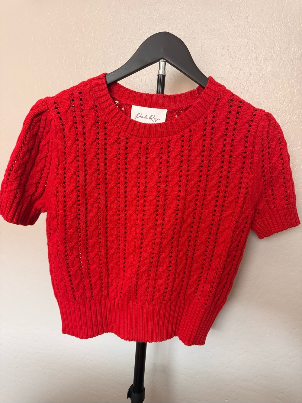 Pink Rose- Red Cable-Knit Short Sleeve Sweater -